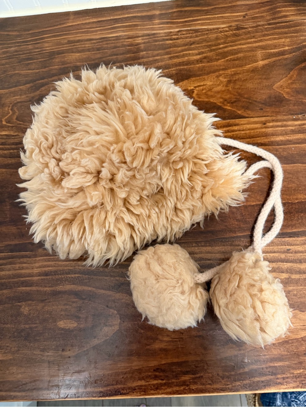 Plush Faux-Fur Pom-Pom Crossbody Hat- Cream